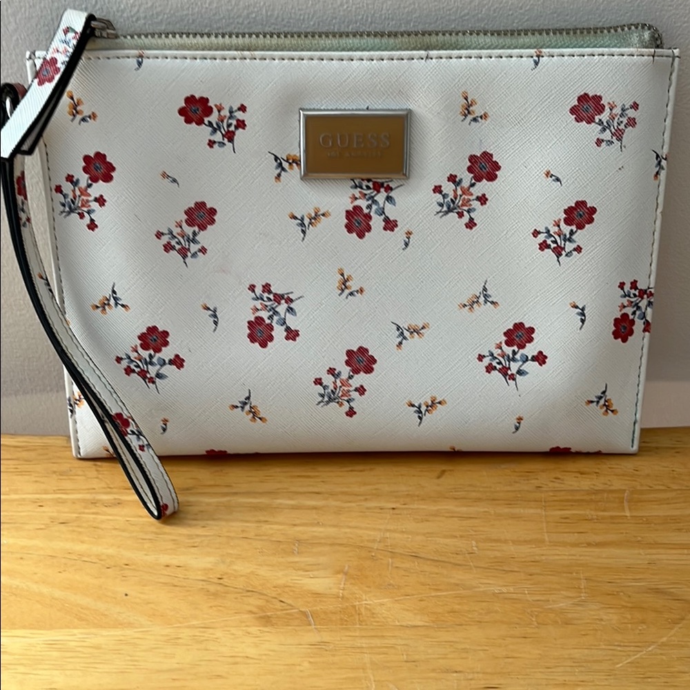Guess White and Red Floral Wristlet Clutch